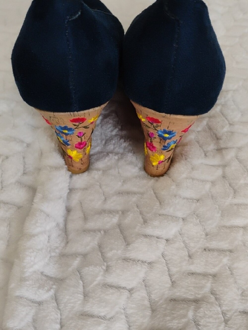 Rialto Navy Suede Wedge Heels with Floral Cork Wedge - Picture 4 of 6